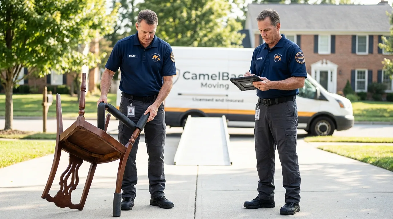 Movers inspecting furniture for damage prevention before loading in Atmore, AL