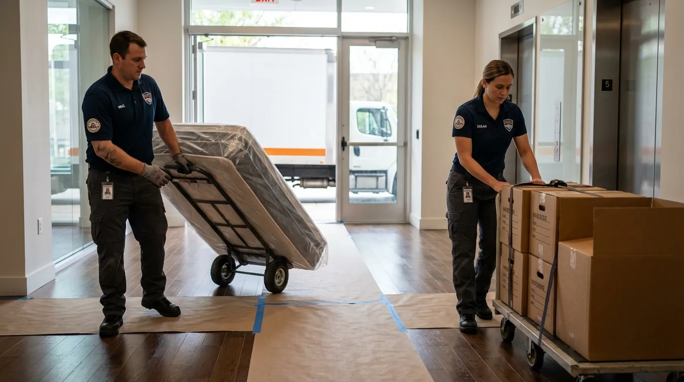 Professional apartment movers loading elevator in Atmore, AL
